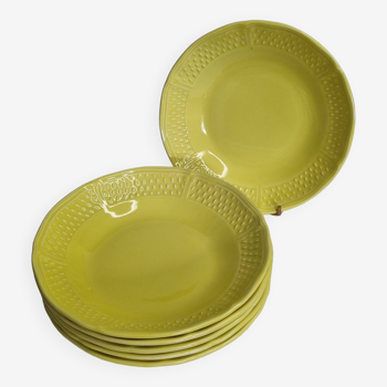 Set of six yellow soup plates with grains of rice, "Bon vivant", Gien, 21 cm