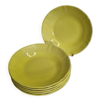 Set of six yellow soup plates with grains of rice, "Bon vivant", Gien, 21 cm