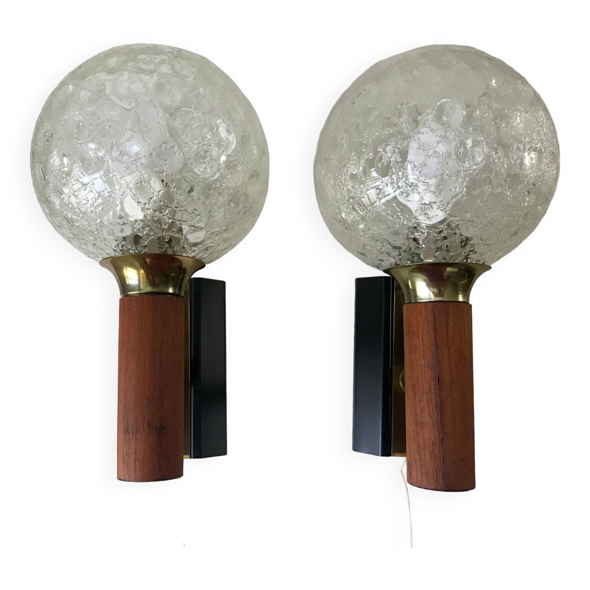 Pair of wall sconces balls in blown glass, metal and teak style 50s