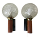 Pair of wall sconces balls in blown glass, metal and teak style 50s