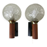 Pair of wall sconces balls in blown glass, metal and teak style 50s