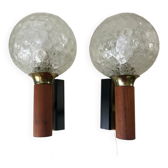 Pair of wall sconces balls in blown glass, metal and teak style 50s