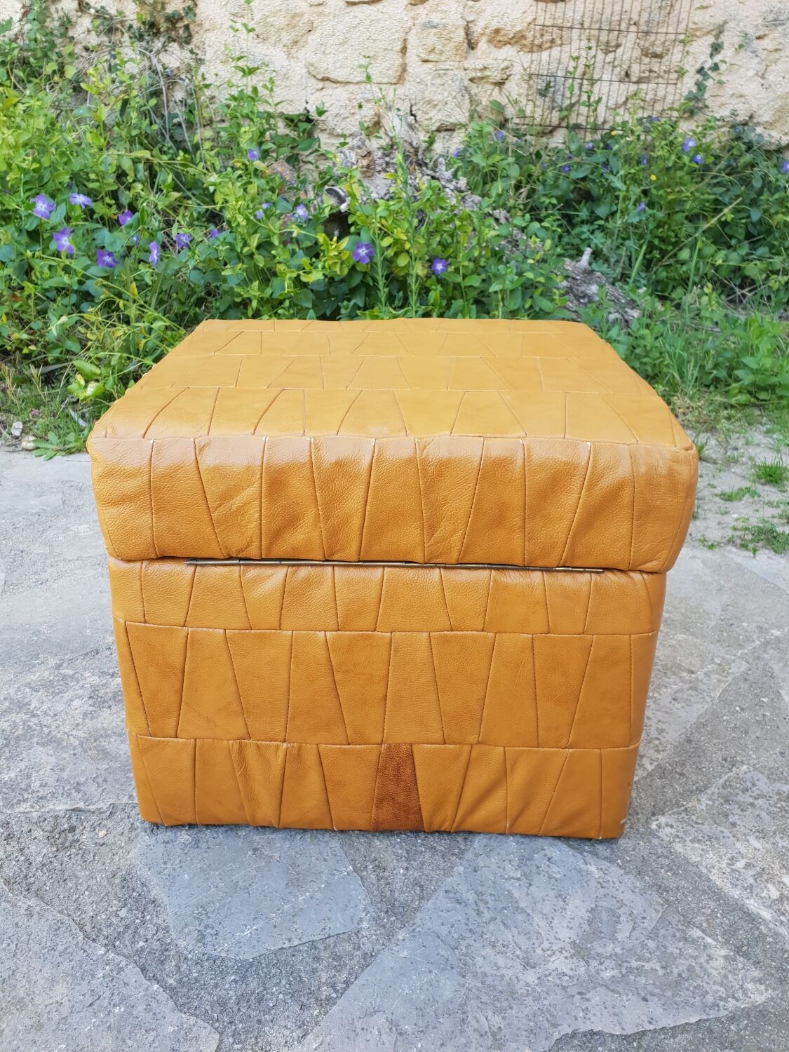 Leather patchwork chuff pouf 1970