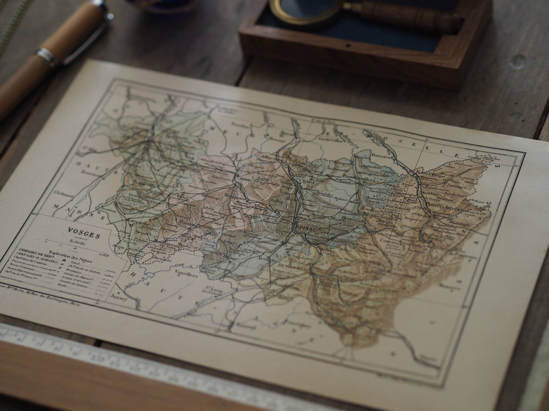 Map of the Vosges, France. Printed antiquity in 1889.