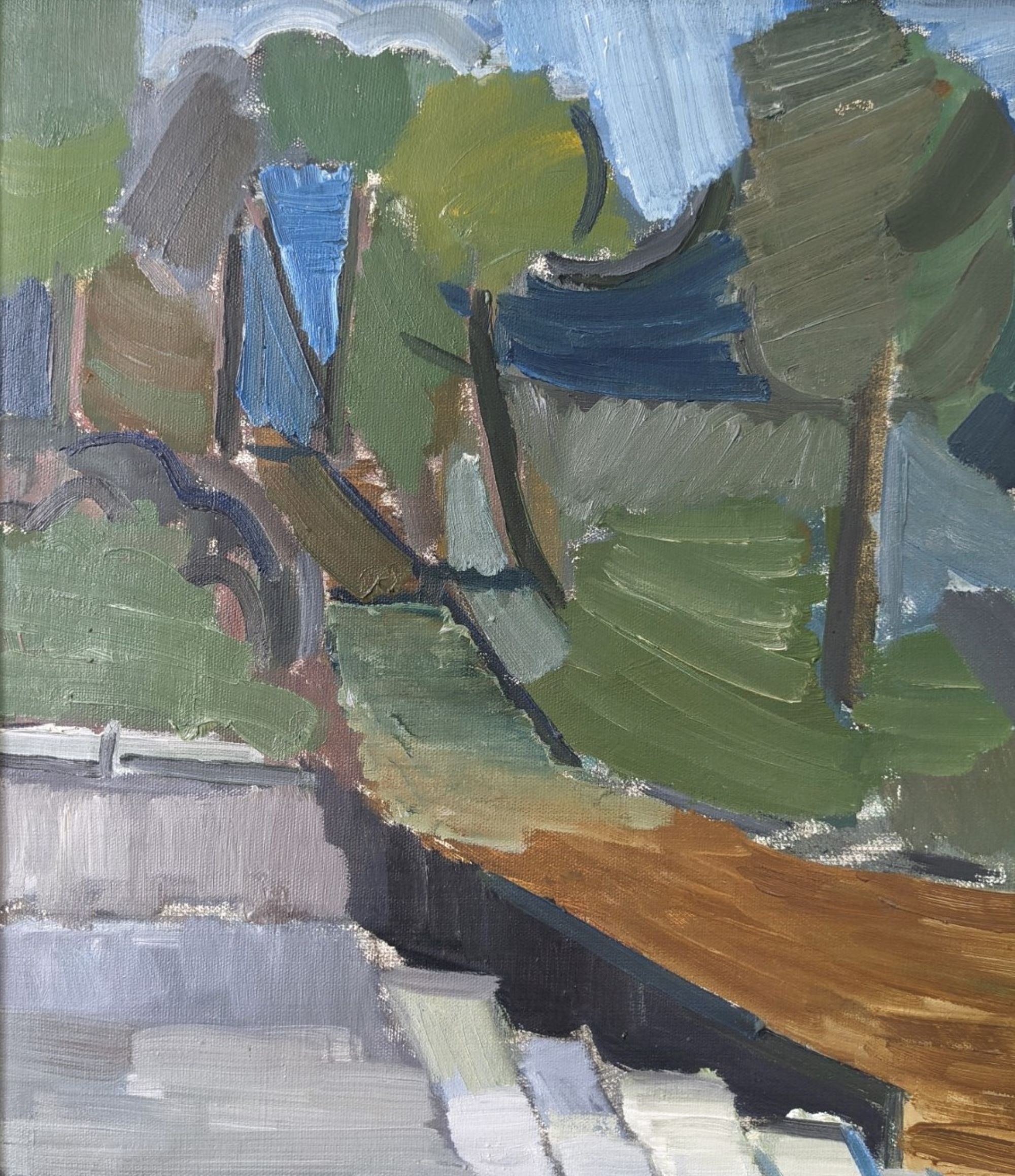 Mid-Century Modern Swedish Oil Painting "Green Park" Vintage Framed Landscape