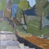 Mid-Century Modern Swedish Oil Painting "Green Park" Vintage Framed Landscape