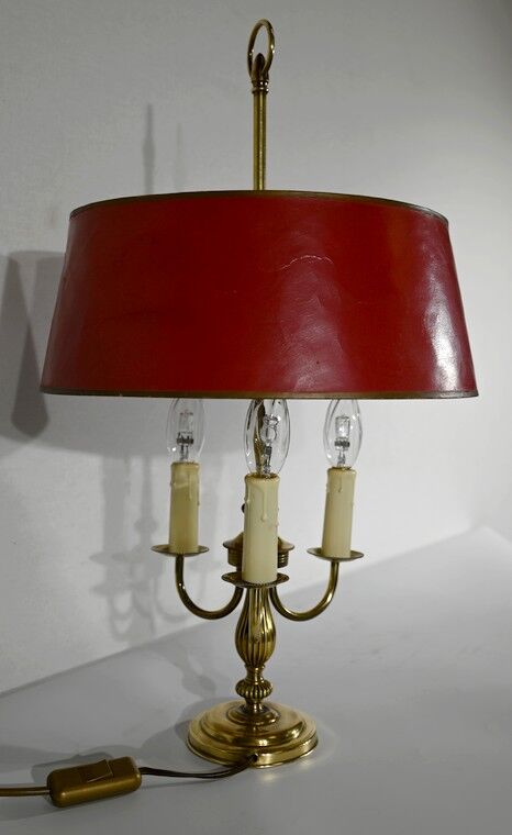Brass bouillotte lamp with red lampshade, Louis XVI – XXth style