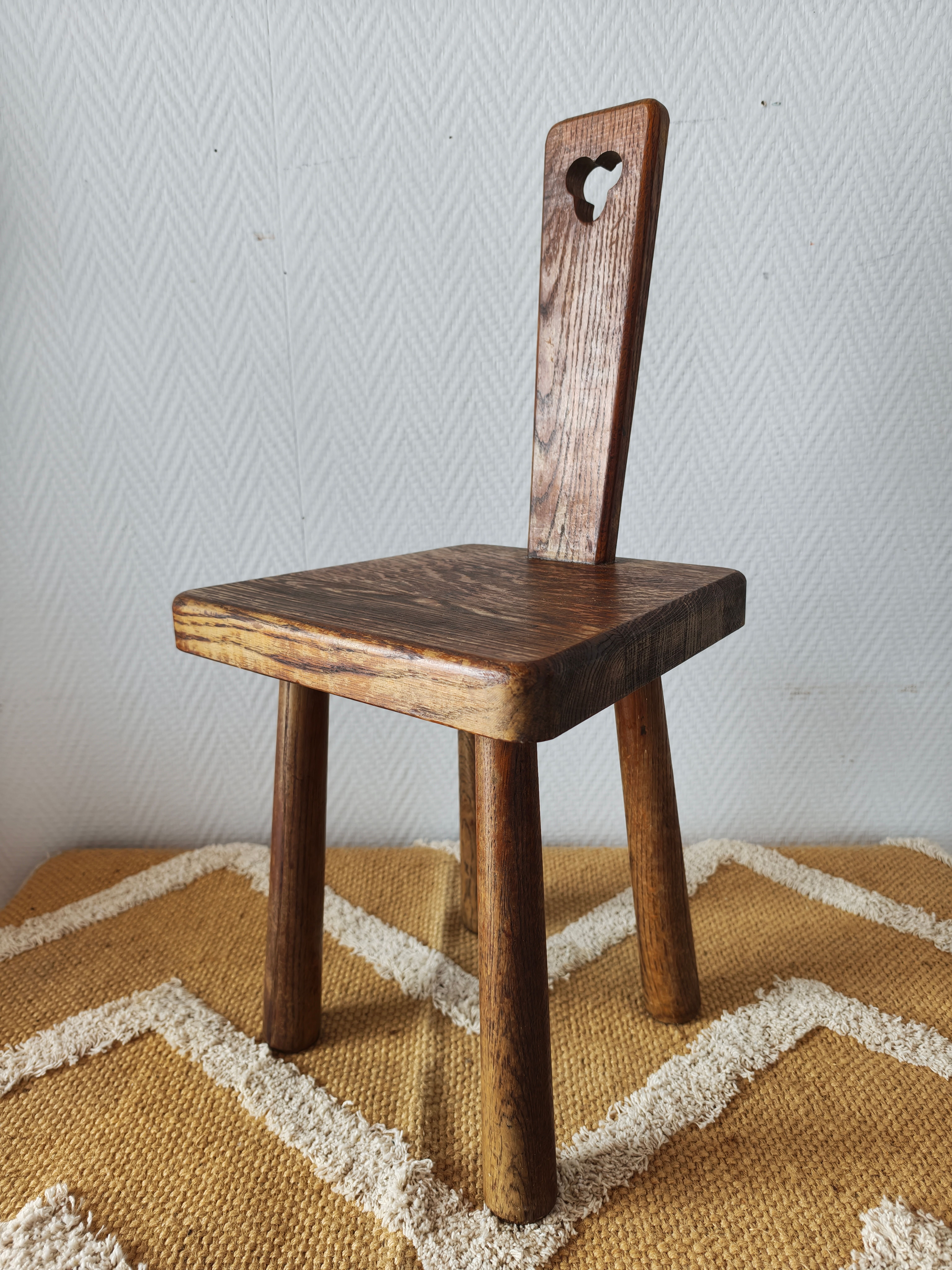 Brutalist stool with backrest in solid oak, origin Netherlands