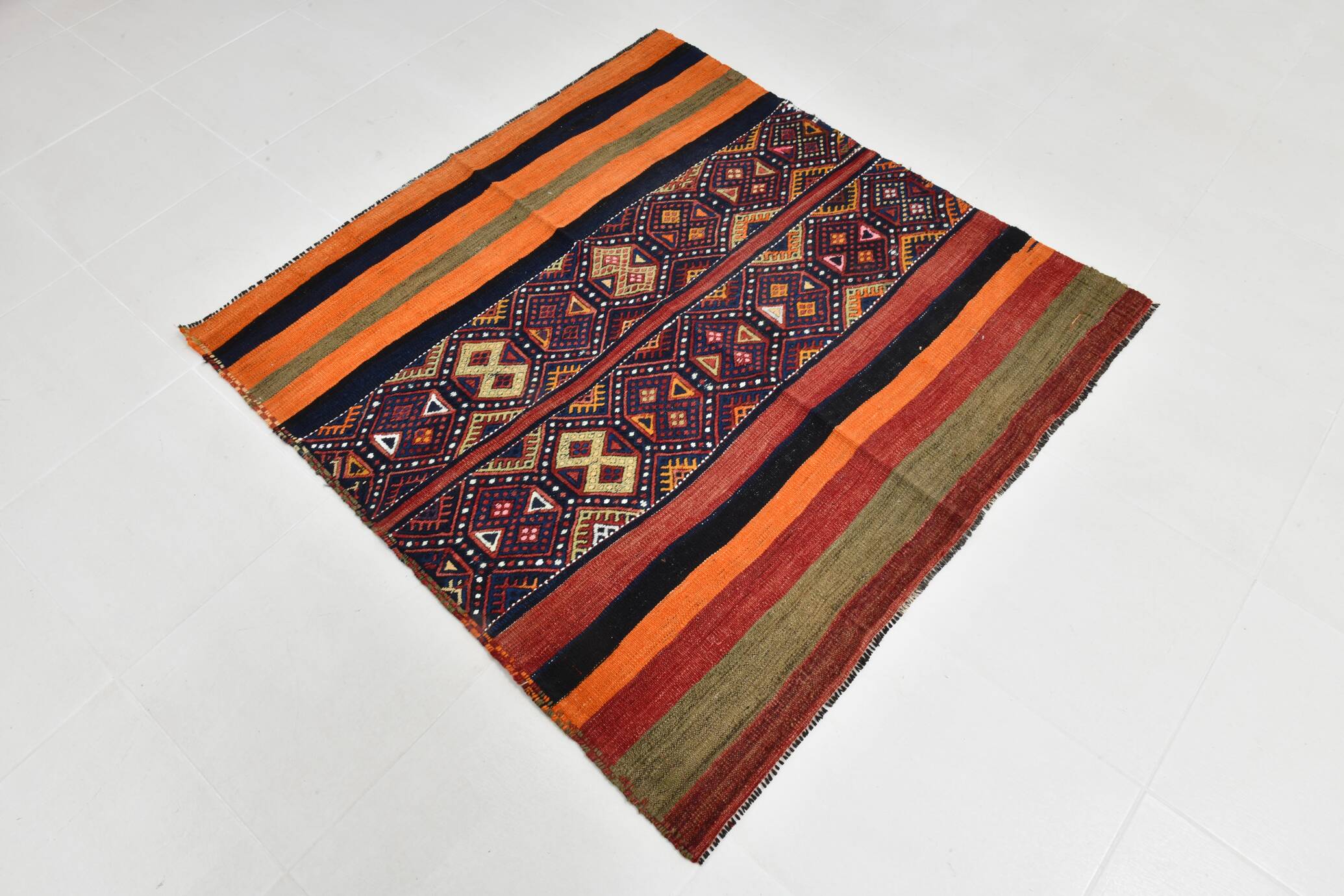 Navy Blue Orange Square Antique Kilim Rug, 128x128Cm