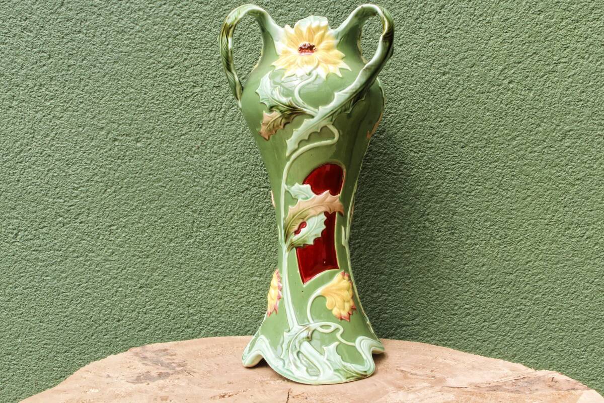Slip vase, thistle motif, Art Nouveau