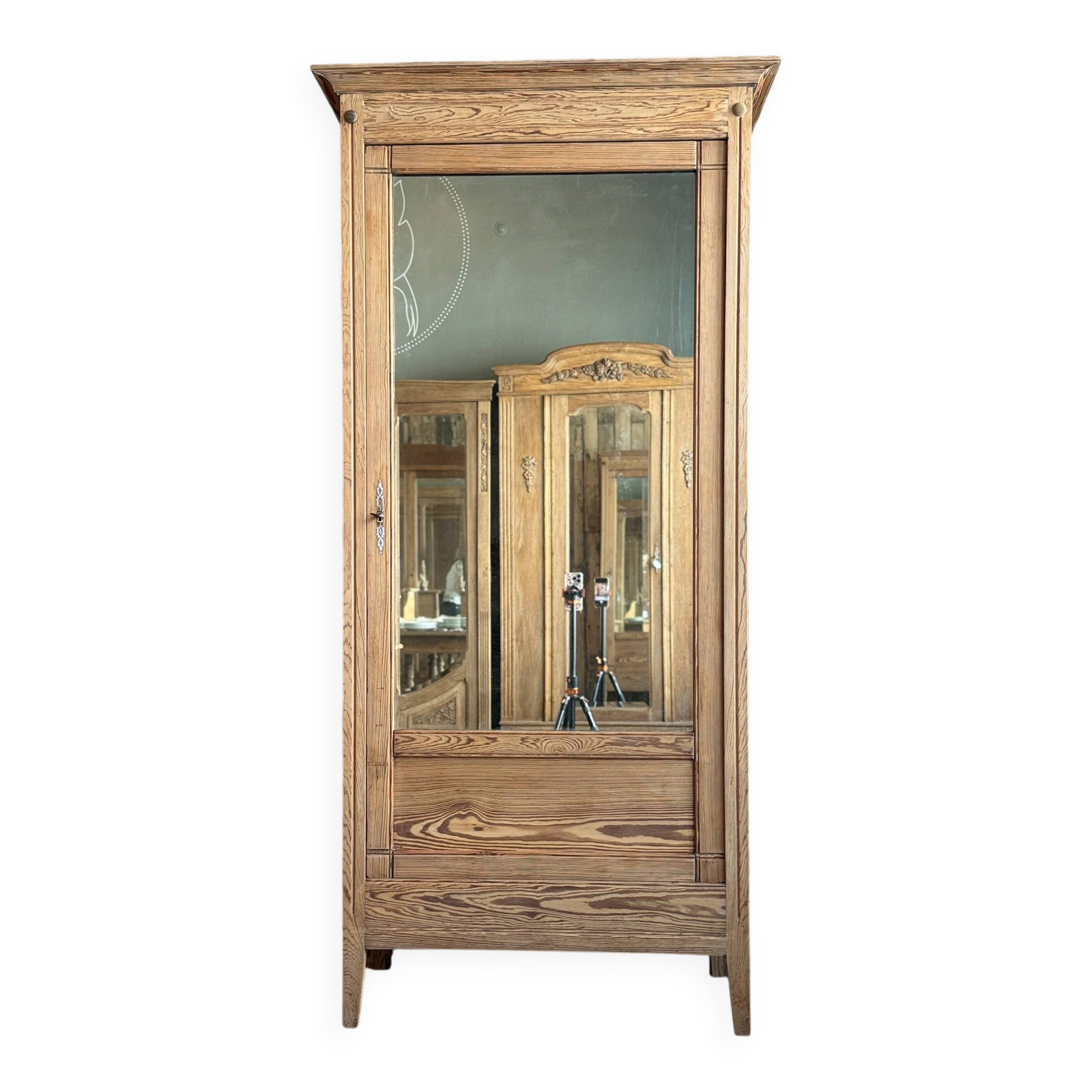 Antique mirrored wardrobe in pitch pine (renovated)