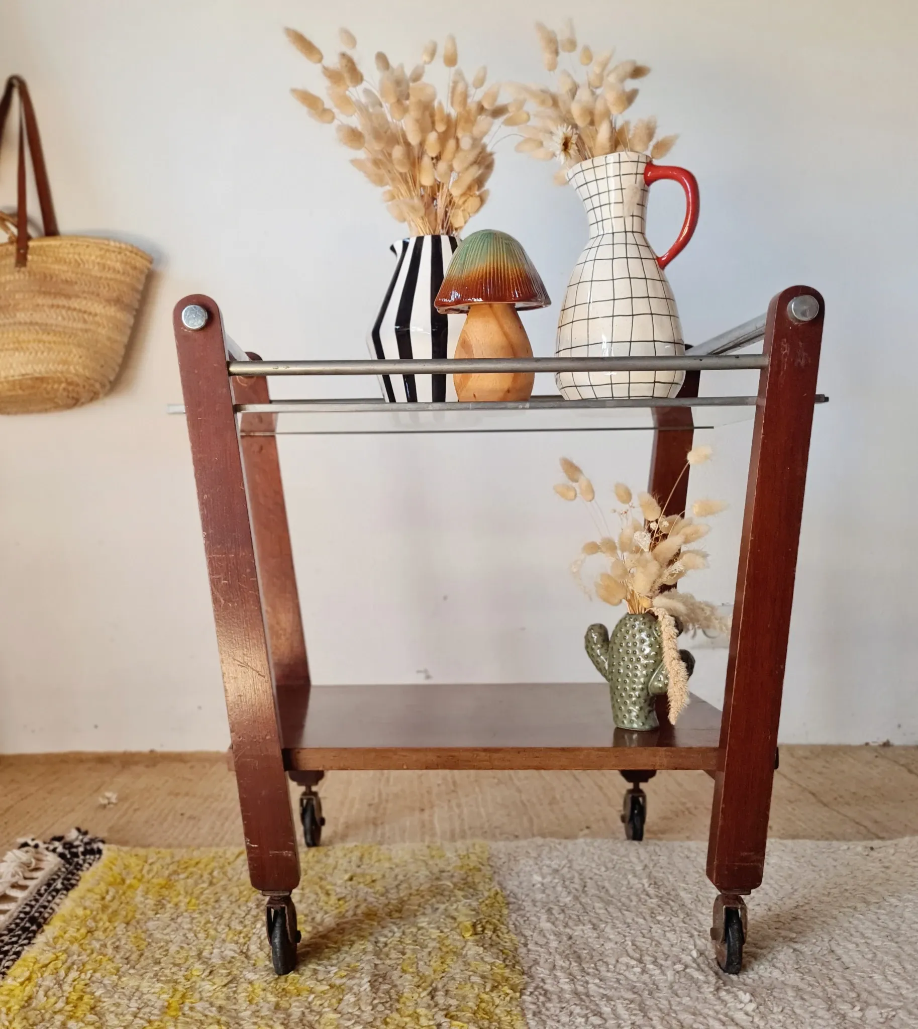 Vintage wooden and metal side table | Retro rolling cart