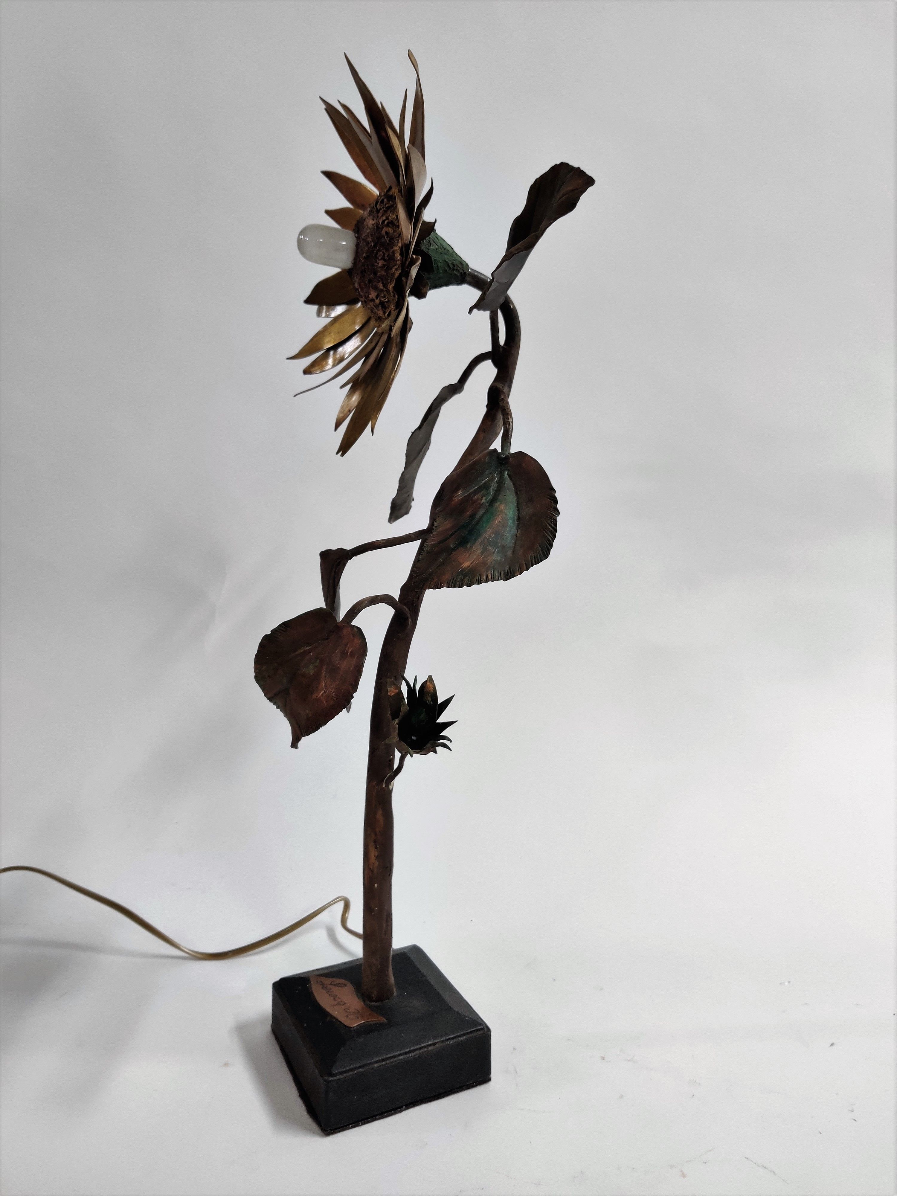 Vintage metal and bronze sunflower sculpture lamp, 1970s belgium