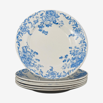 6 flat plates old earthenware of france blue floral decoration