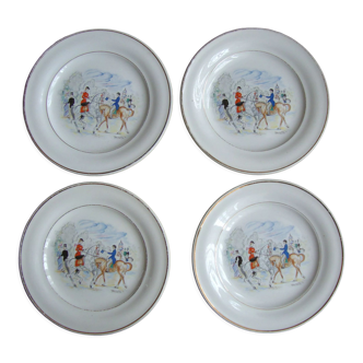 4 St Amand earthenware dessert plates Longchamp model representing equestrian scenes