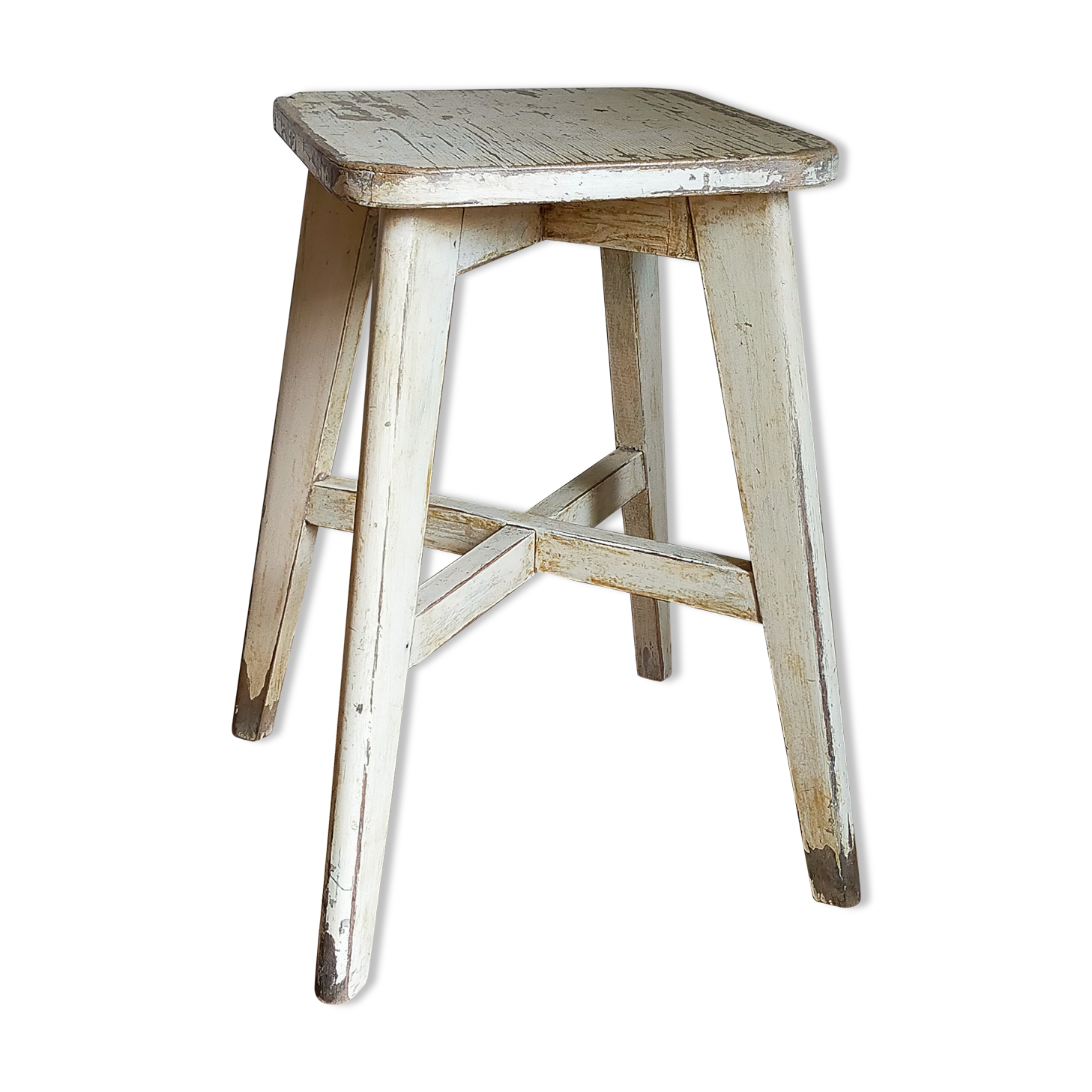 Old workshop stool in patinated solid wood