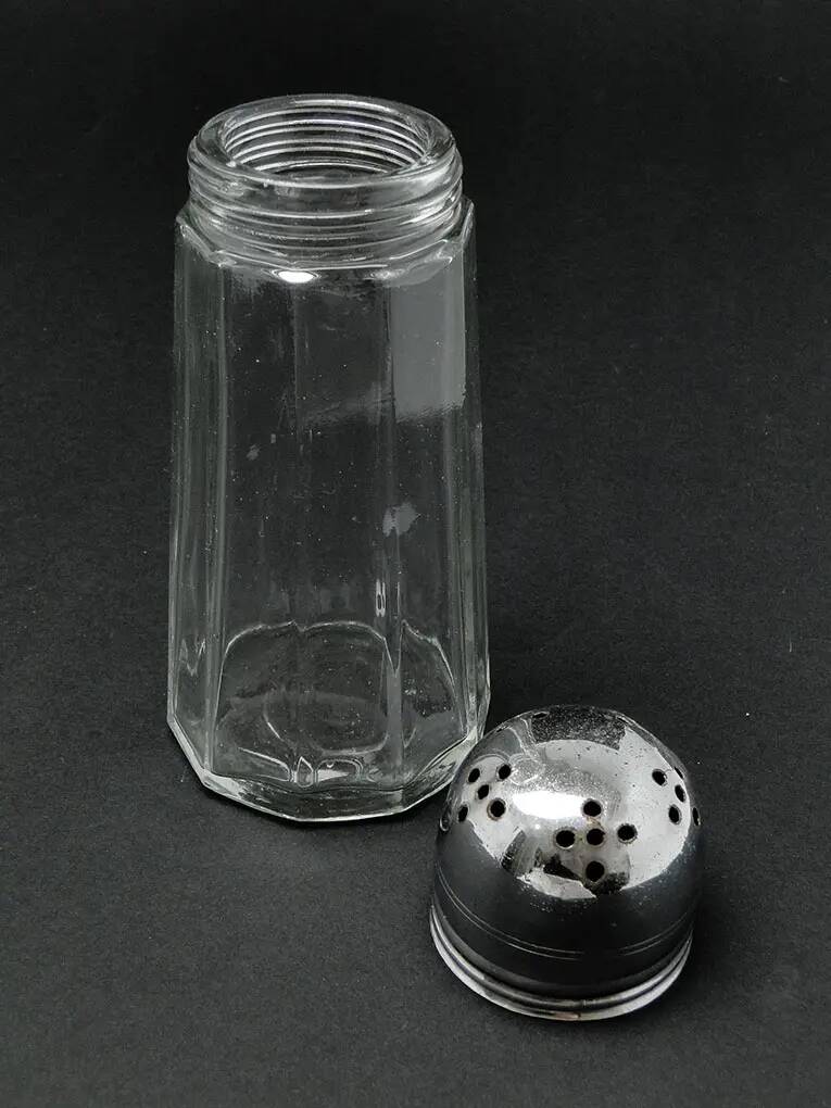 Powdered sugar bowl, glass, chrome-plated brass, Sweden, 1970s.