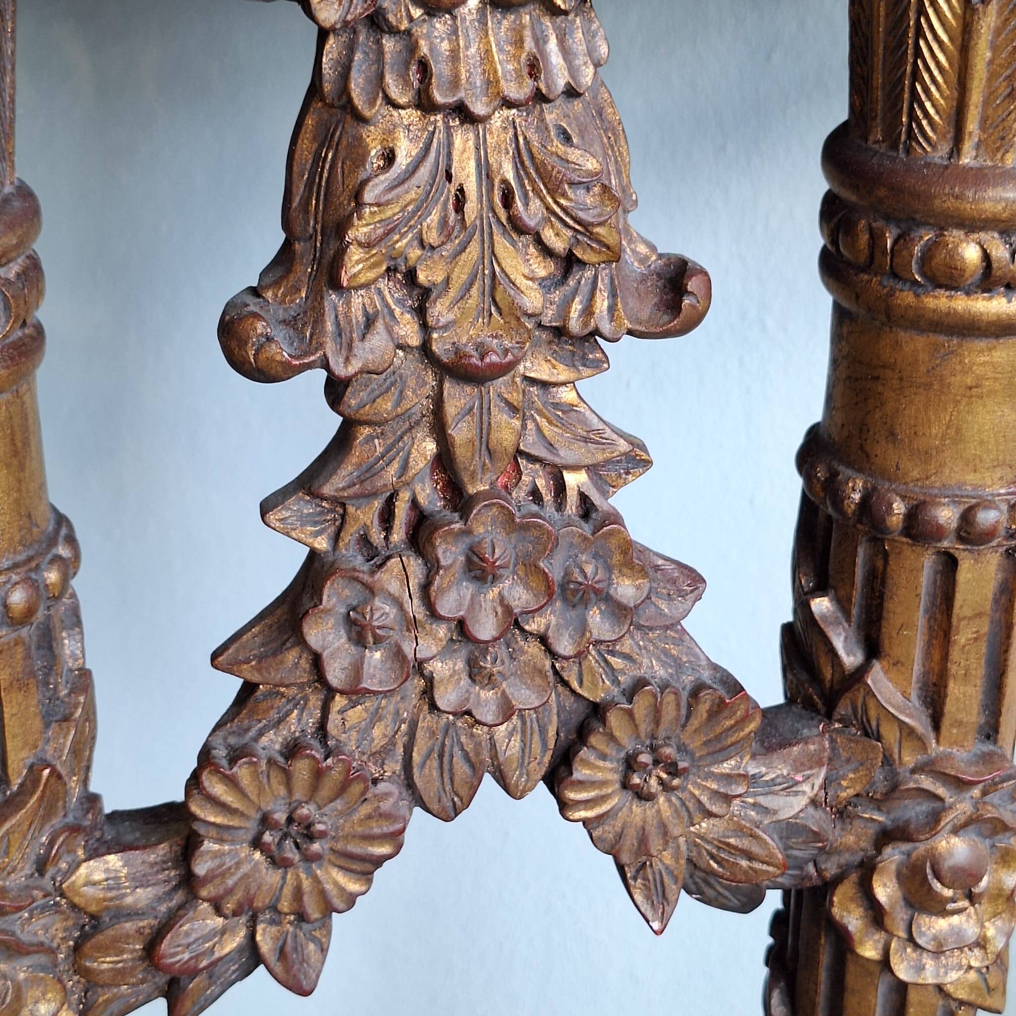 French baroque half-moon wall console with marble and six legs.