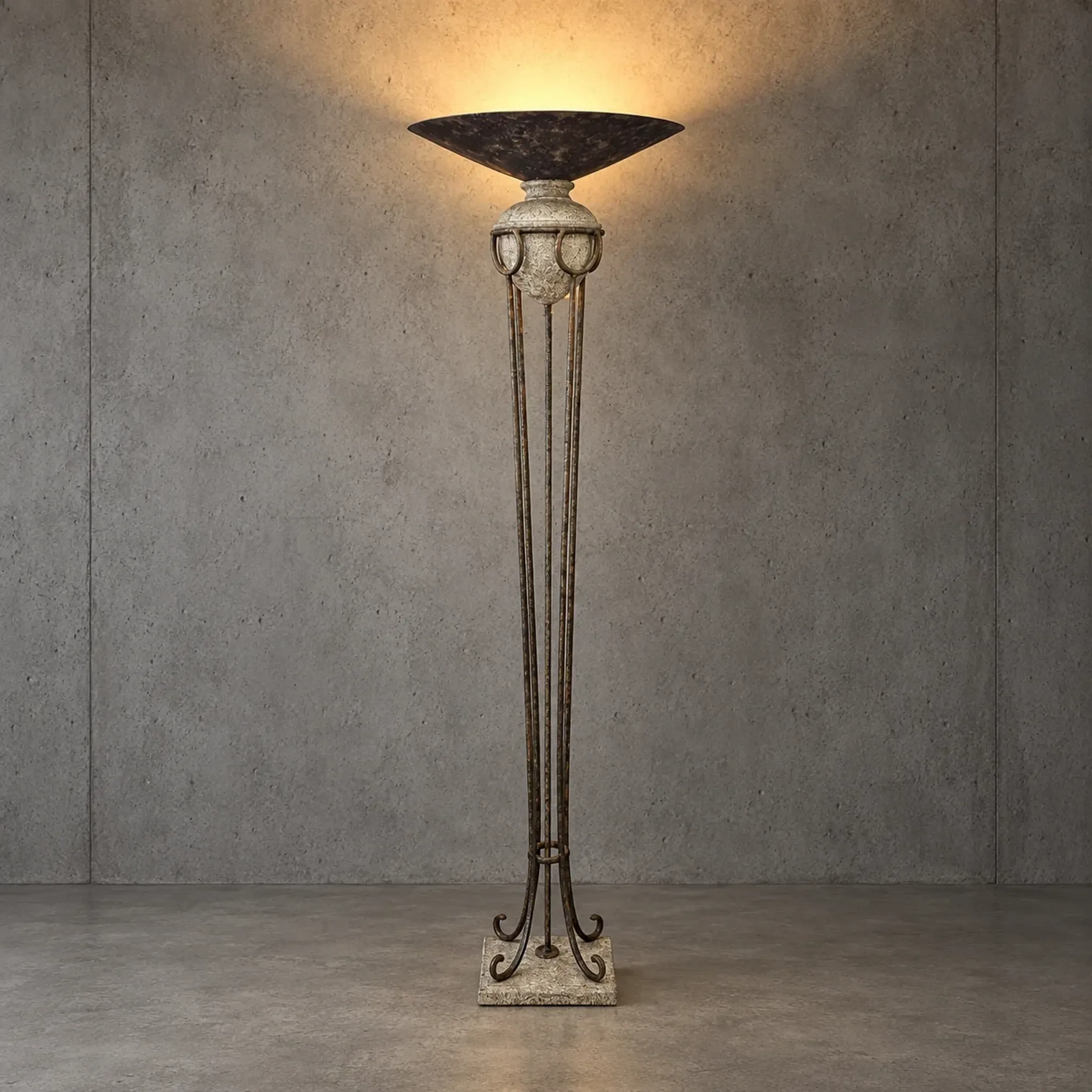 Neo classic forged floor lamp / metal shade / stone base / 1970s
