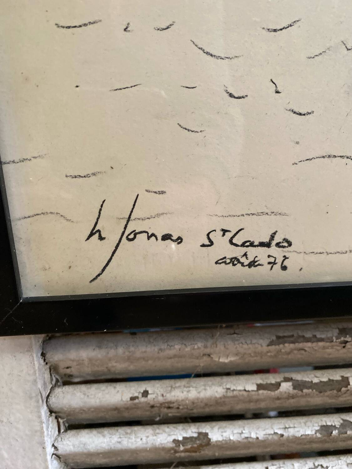 Old charcoal lithograph h. jonas st carlo august 76 + black wood frame