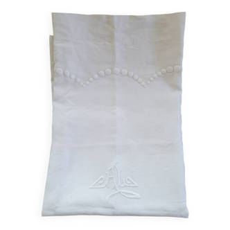 Large Monogrammed Pillowcase – Pure Cotton & Relief Embroidery – Early 20th Century