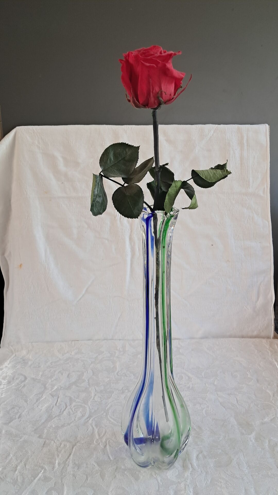 Vintage Murano glass filigree soliflore vase in blue and green.