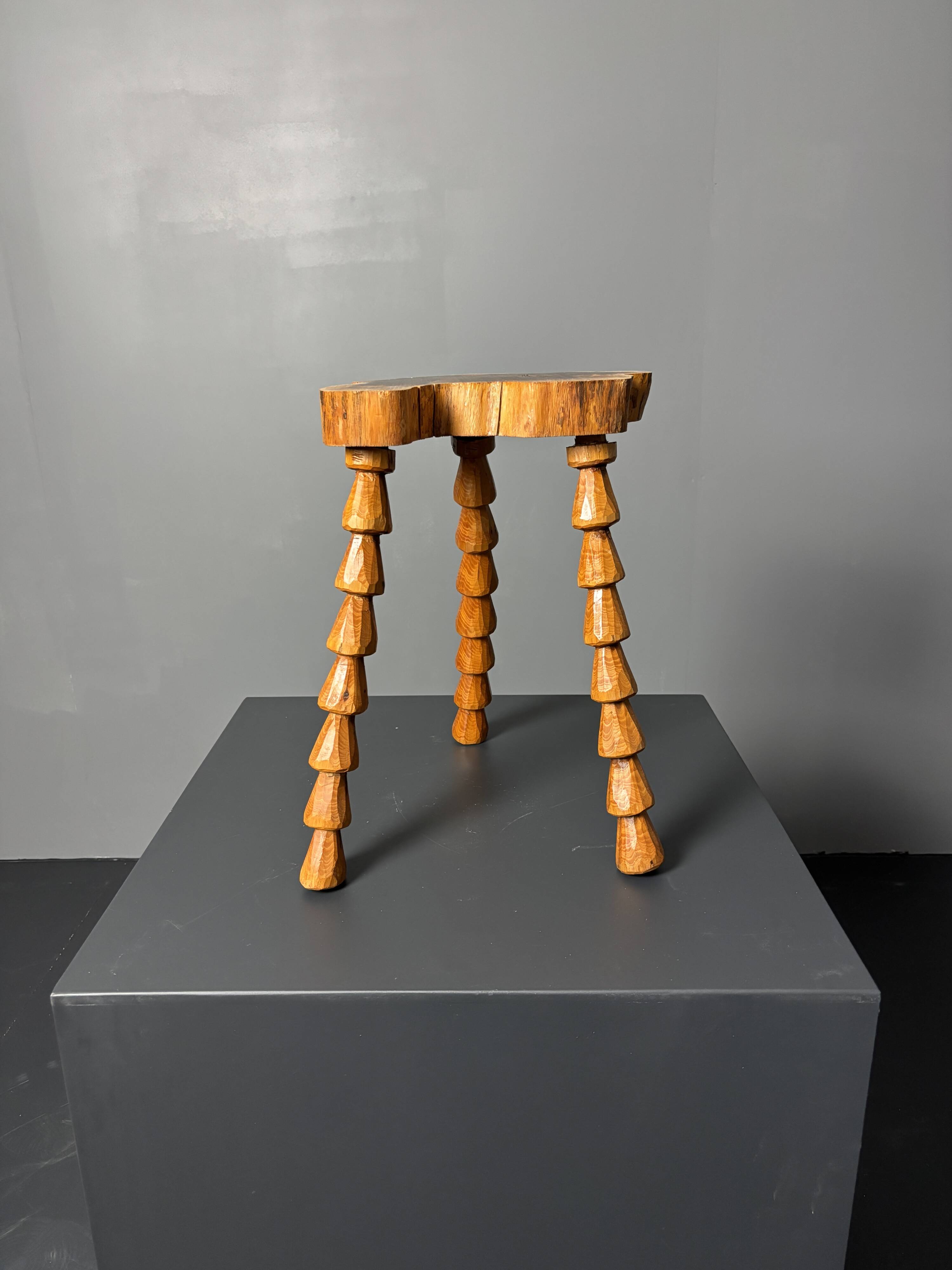 Midcentury brutalist artisanal wood turned handmade tripod stool, ca 1960s