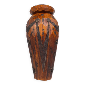 Breton vase in carved wood and brass, Brittany, France, 1960s