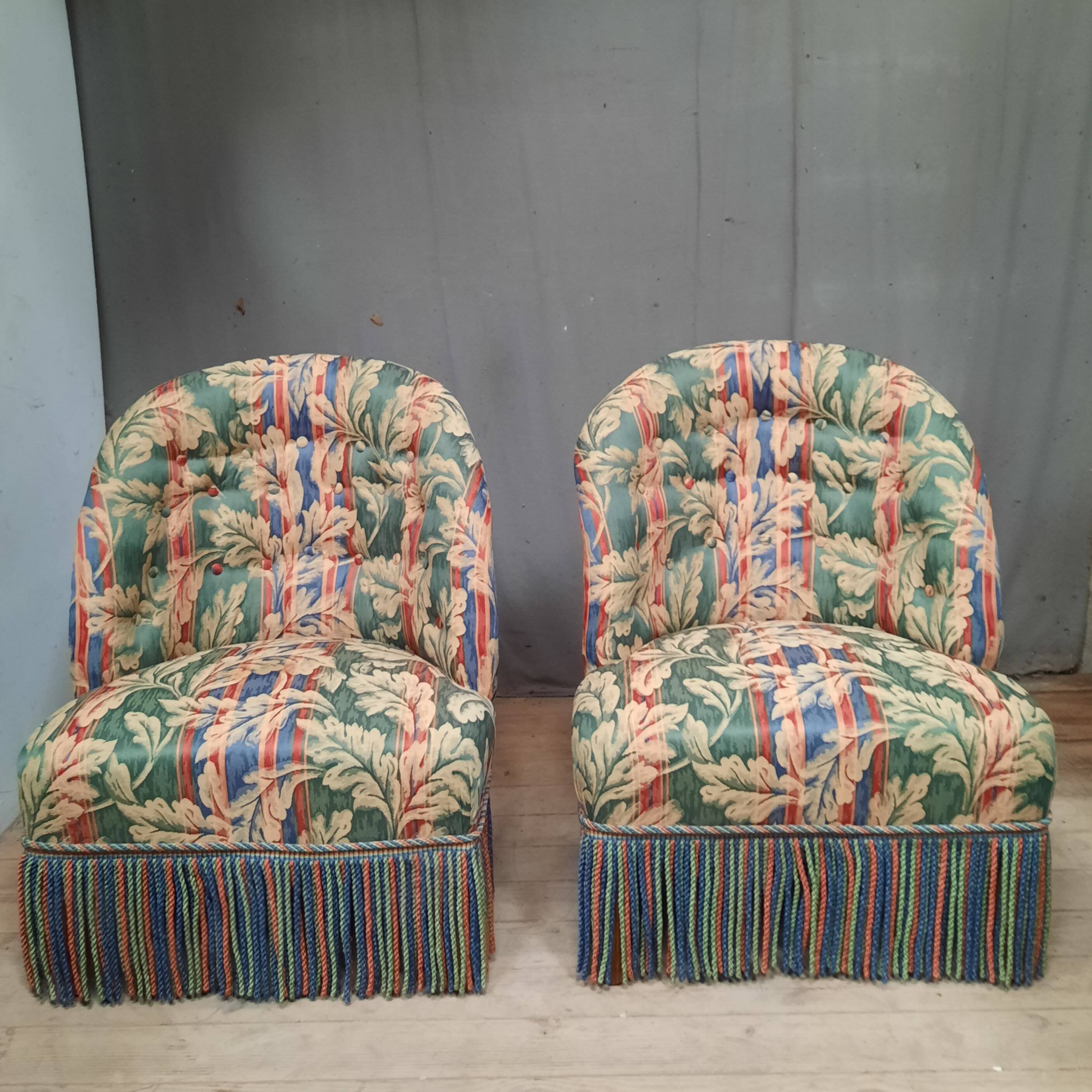 Pair of upholstered toad armchairs