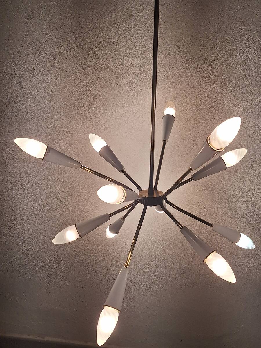Stilnovo style 12 light Brass and White sputnik Chandelier