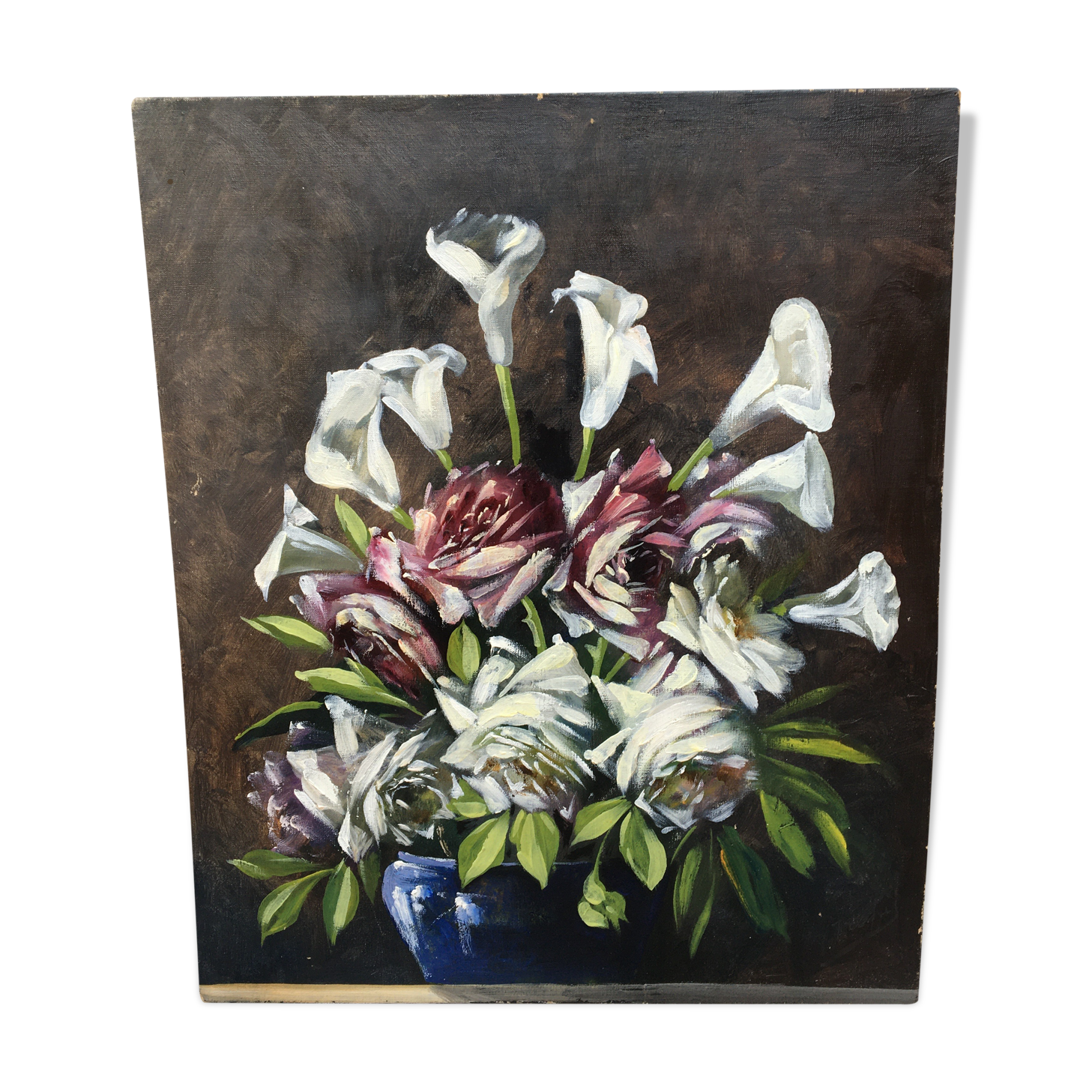 Huile sur toile nature morte roses et arums