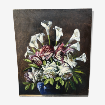 Oil on canvas still life roses and arums