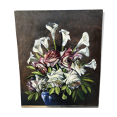 Huile sur toile nature morte roses et arums