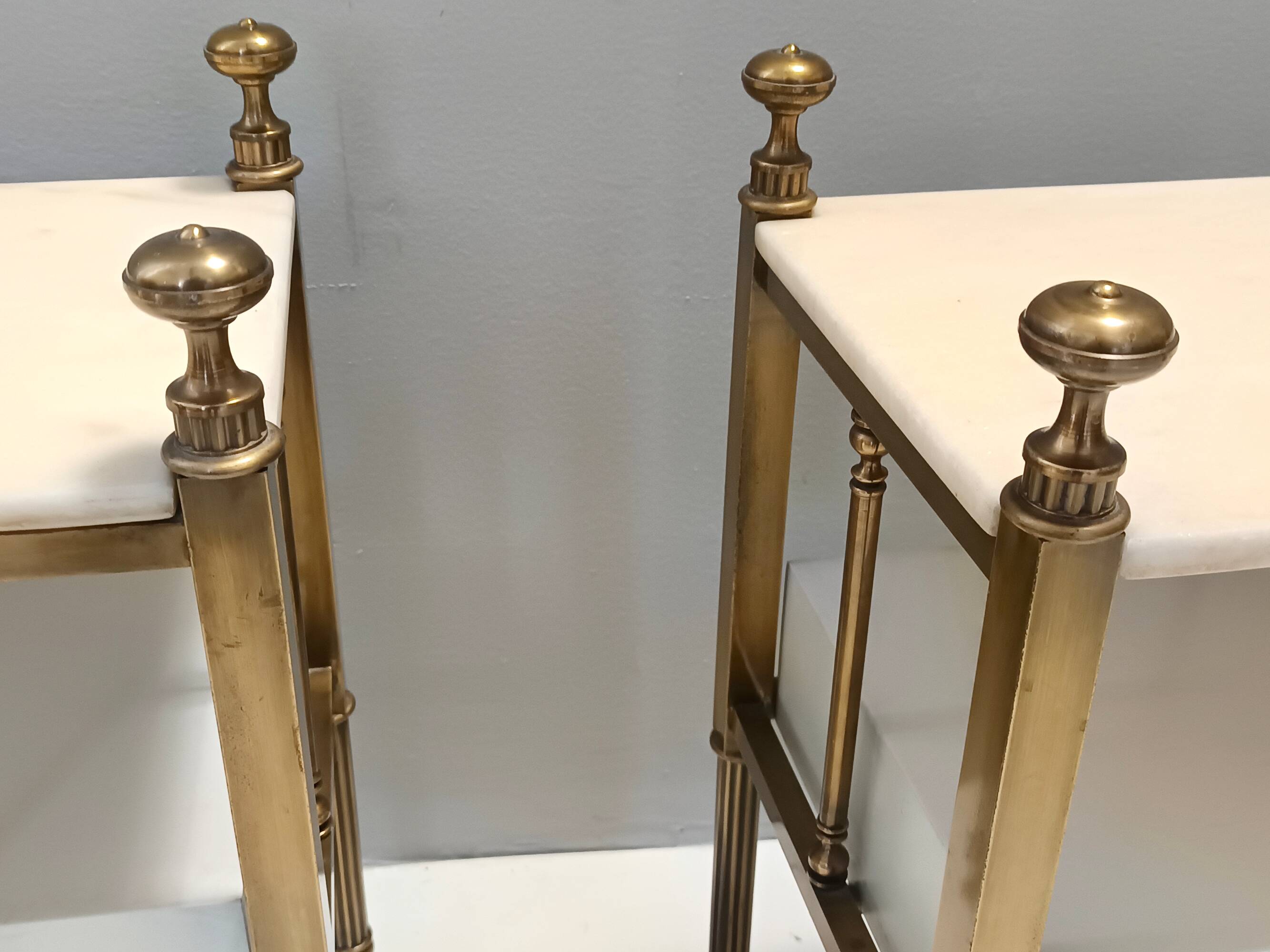 Pair of Brass and White Lacquered Nightstands with Marble Tops, Italy