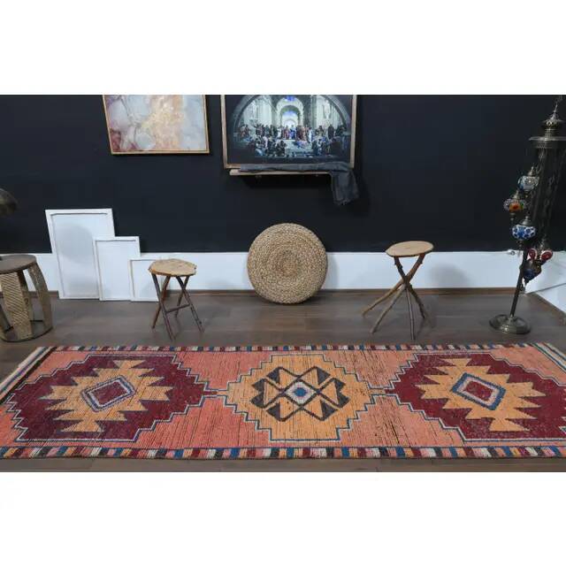 1970s Vintage Turkish Oushak Handmade Wool Cotton Pink Runner Rug 90x317