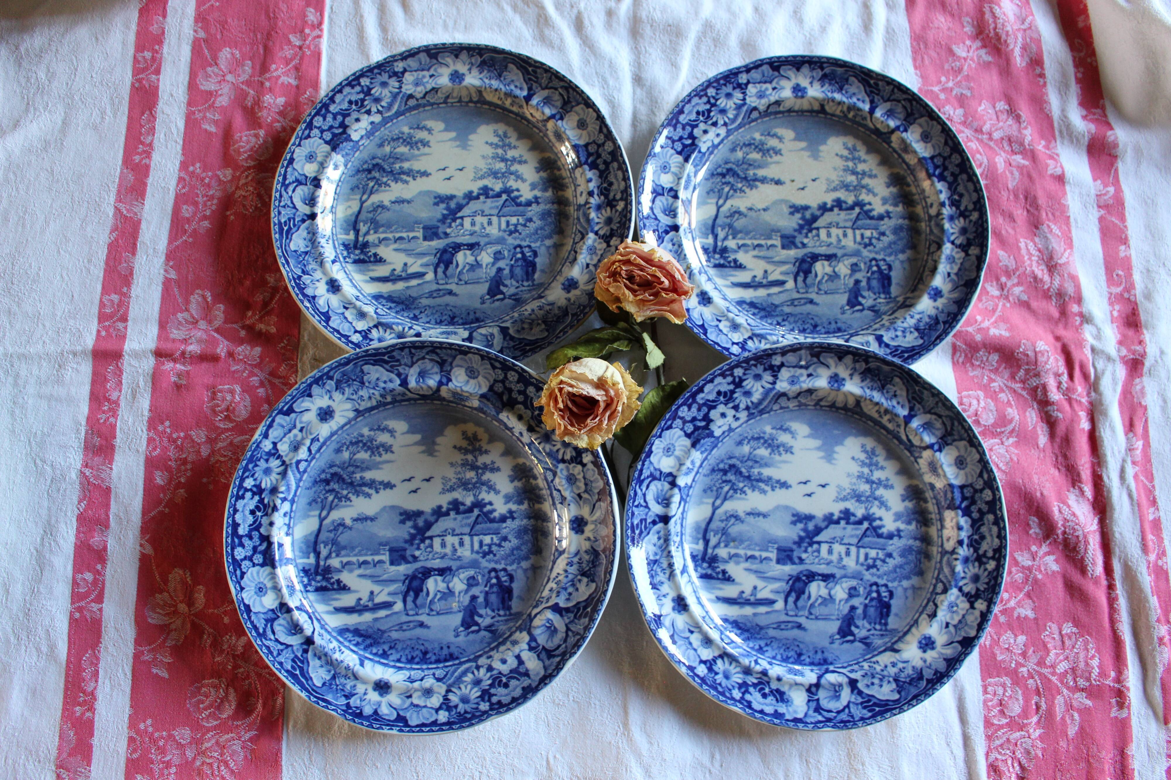 Lot of 4 flat plates in English porcelain "Native"