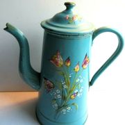 Art Deco coffee maker enamelled sheet metal in relief: Tulips and forget-me-nots on a green background