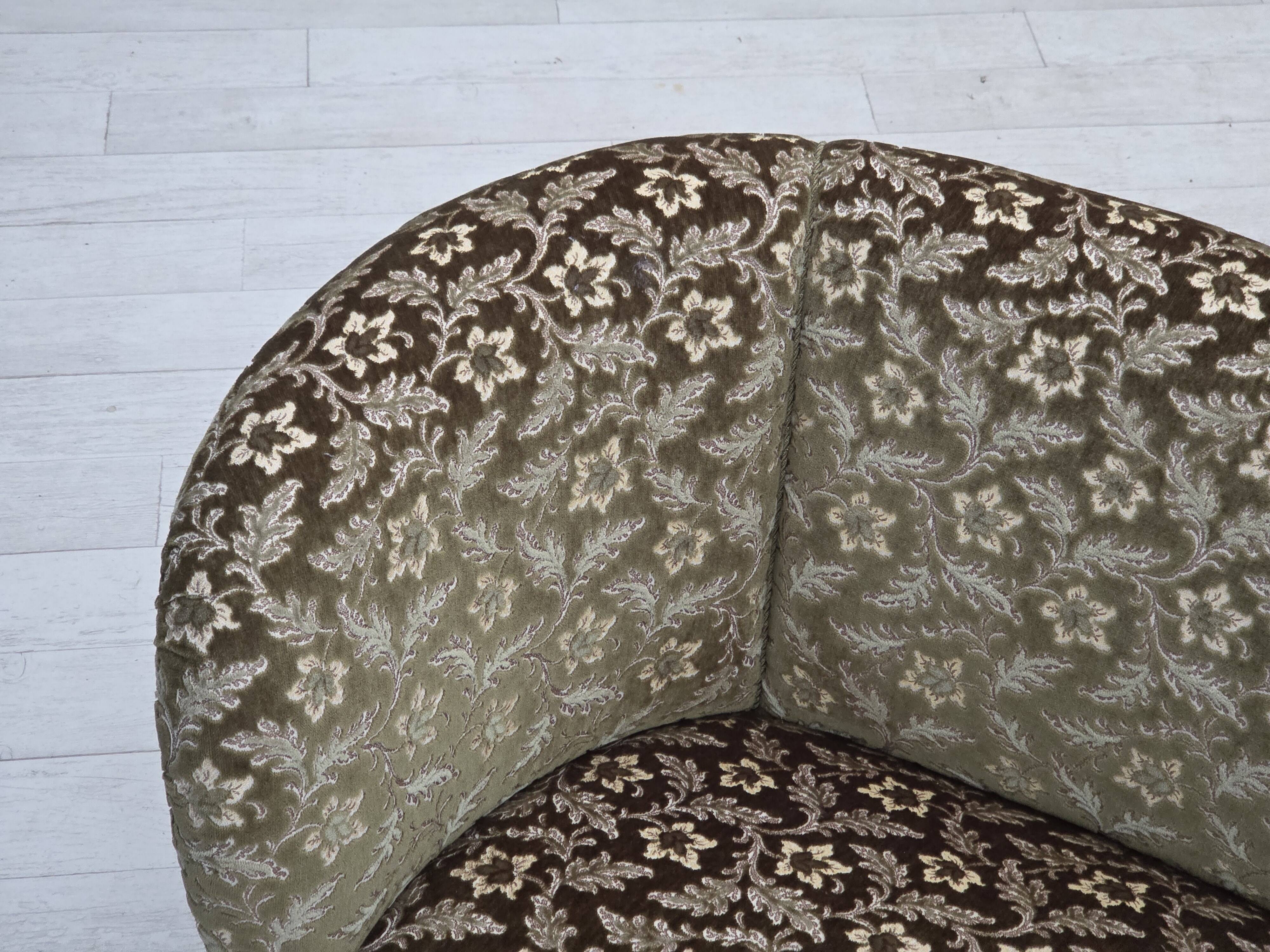 1960s, Danish curved 2-seater sofa, green furniture velour, beech wood.