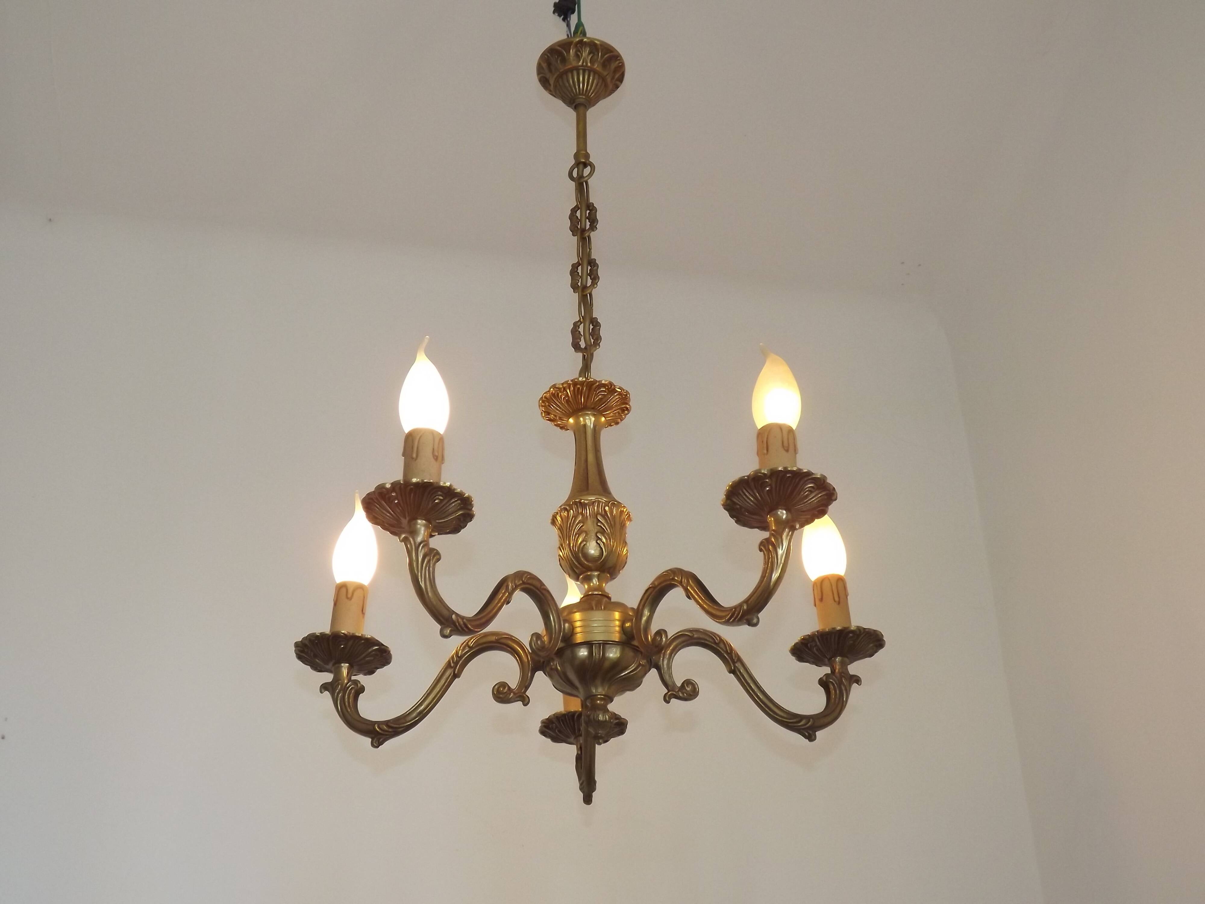 French Vintage Mid Century Bronze 5 Light Traditional Style Chandelier