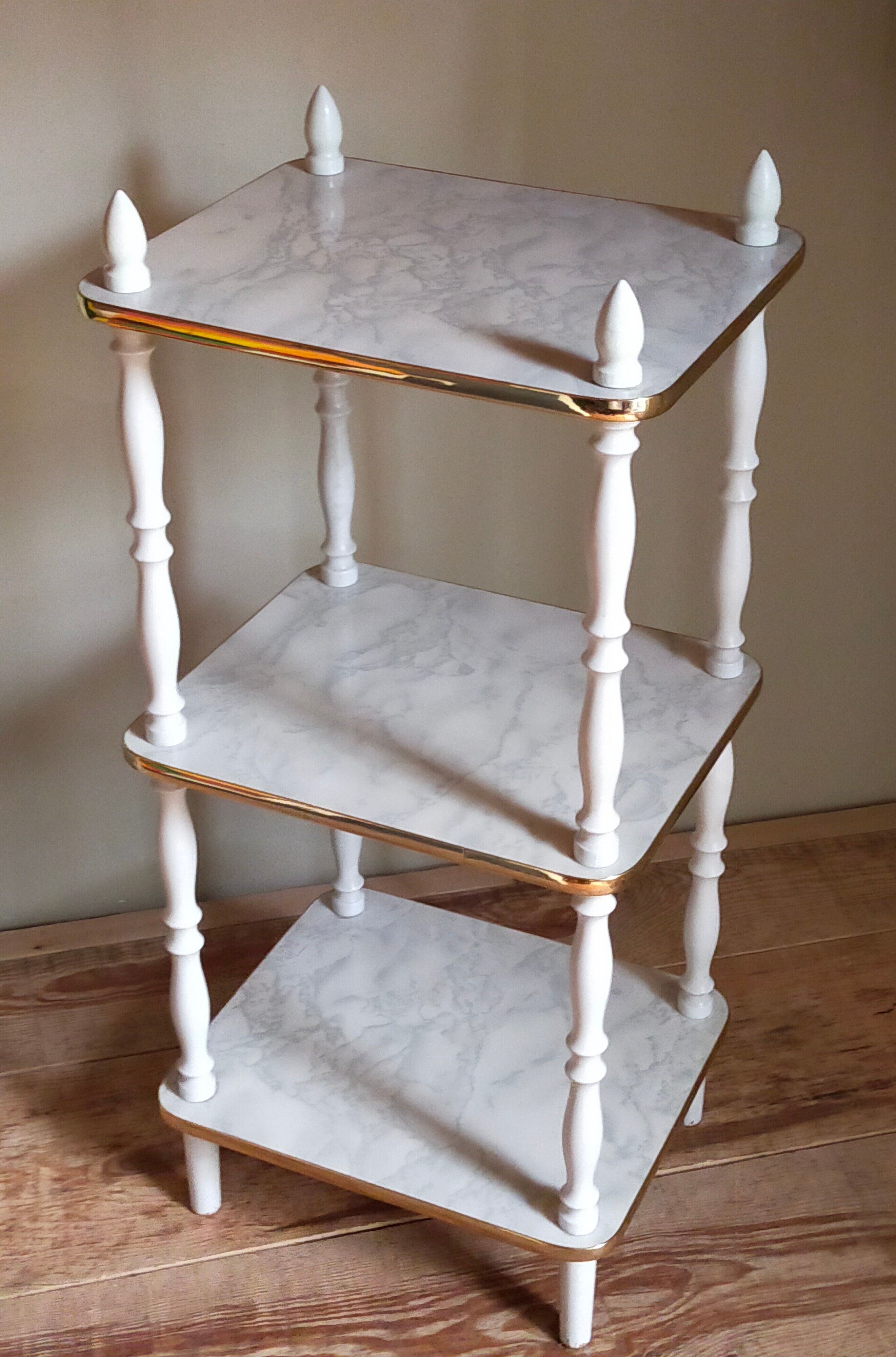 Solid turned wood and formica faux marble shelf to install wood 60s