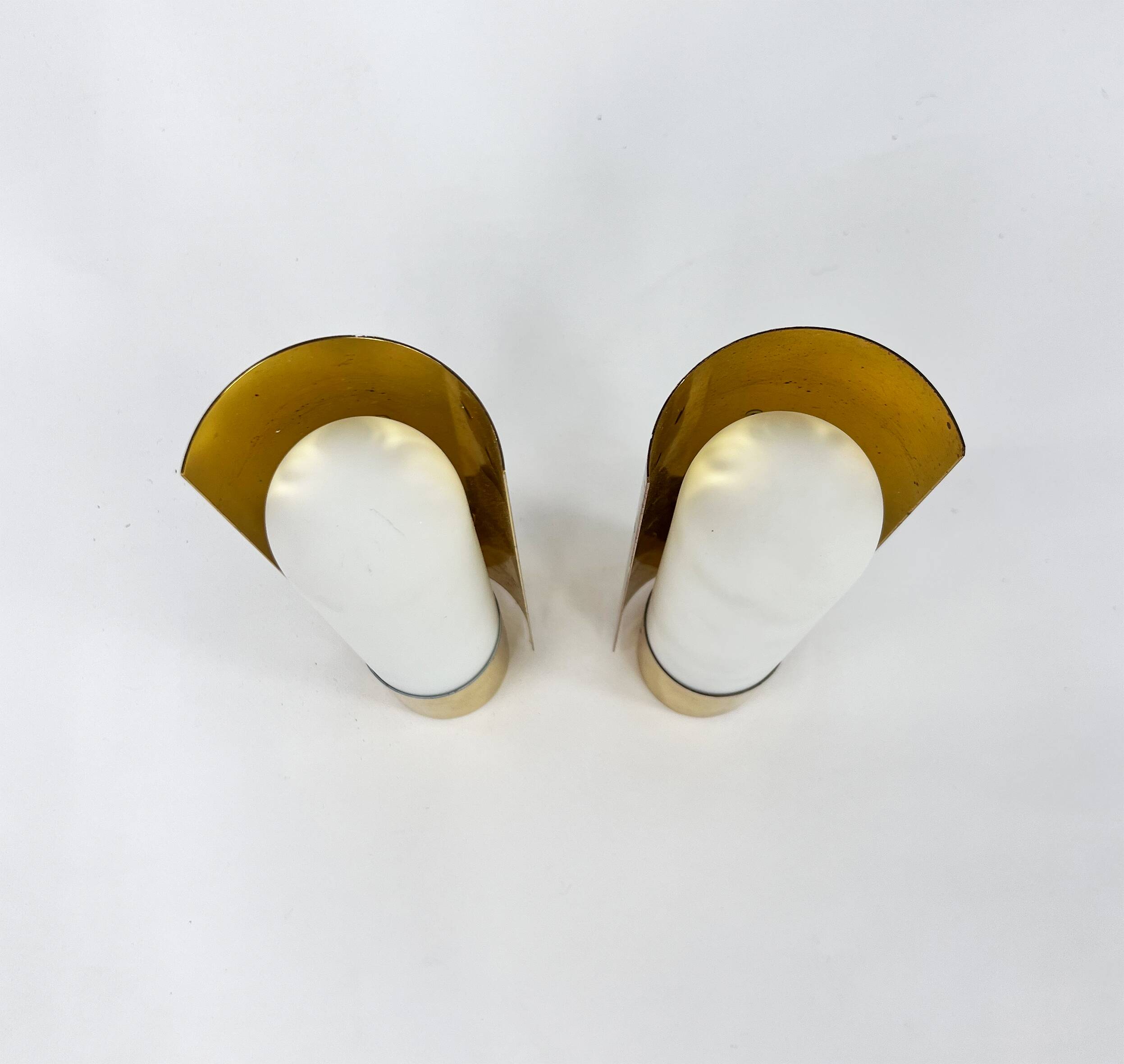 Hollywood Regency Set of 2 Brass and Opaline Glass Scones from Glashütte Limburg, 1970s