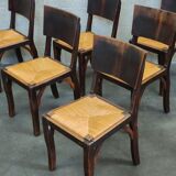 Suite of 6 chairs brutalist style straw and solid oak