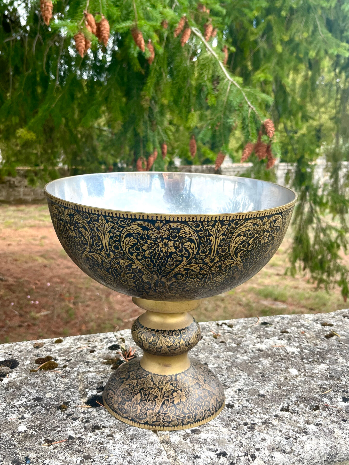 Ornate Floral Pedestal Champagne Cooler, brass ice bucket