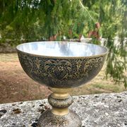 Ornate Floral Pedestal Champagne Cooler, brass ice bucket
