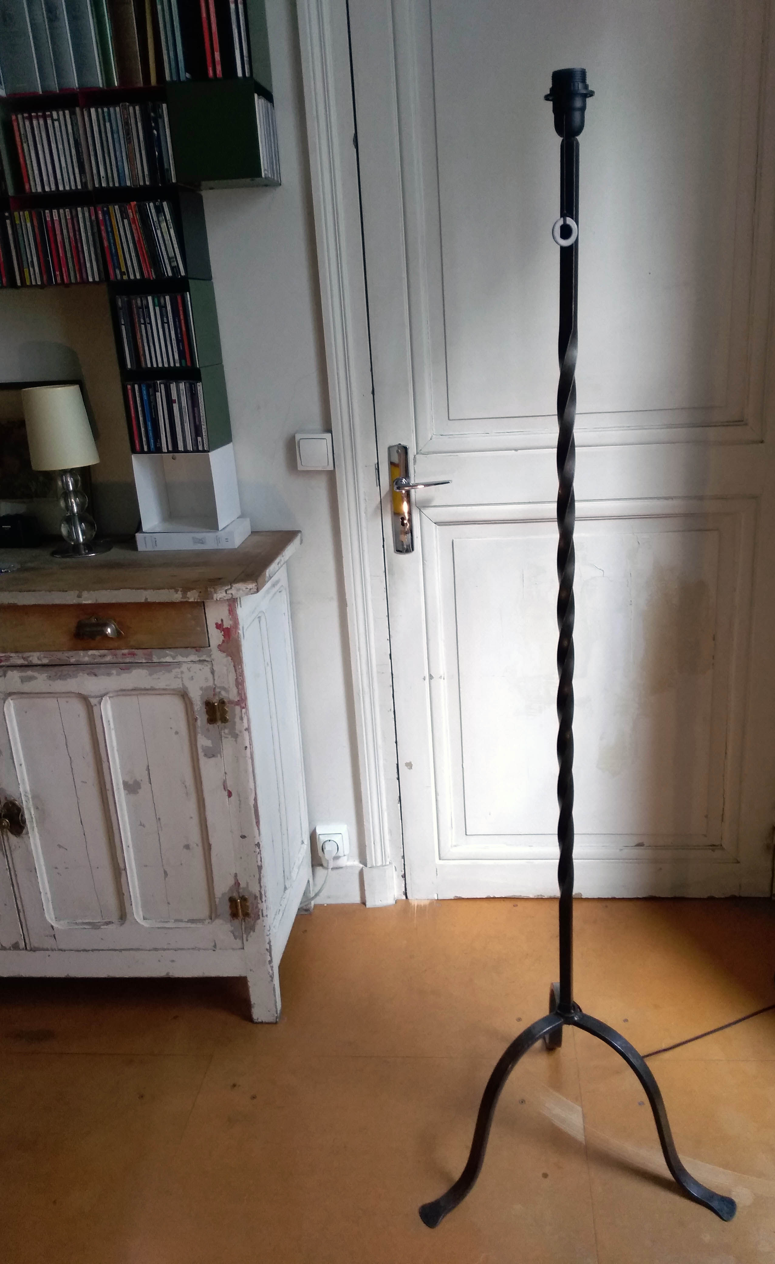 Wrought iron tripod floor lamp, 50s