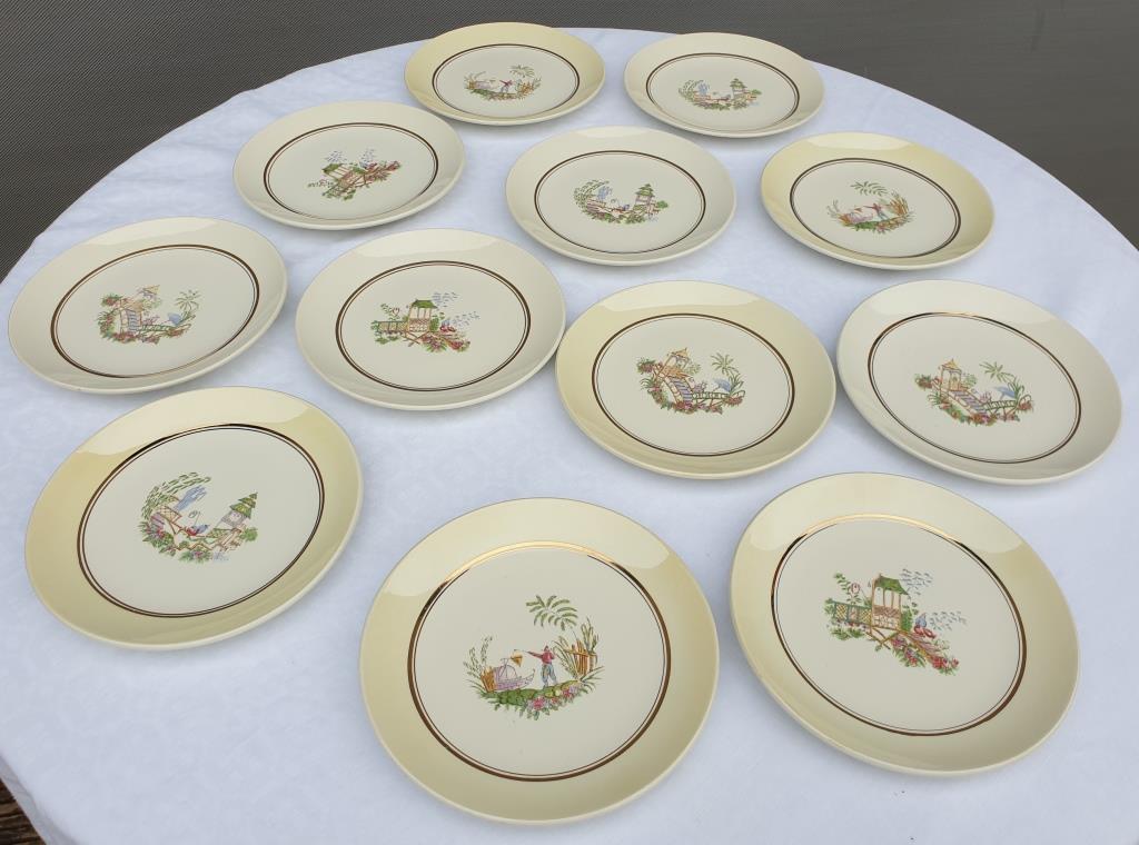 Set 12 plates Gien 1960 Japanese gardens variations in minor yellow