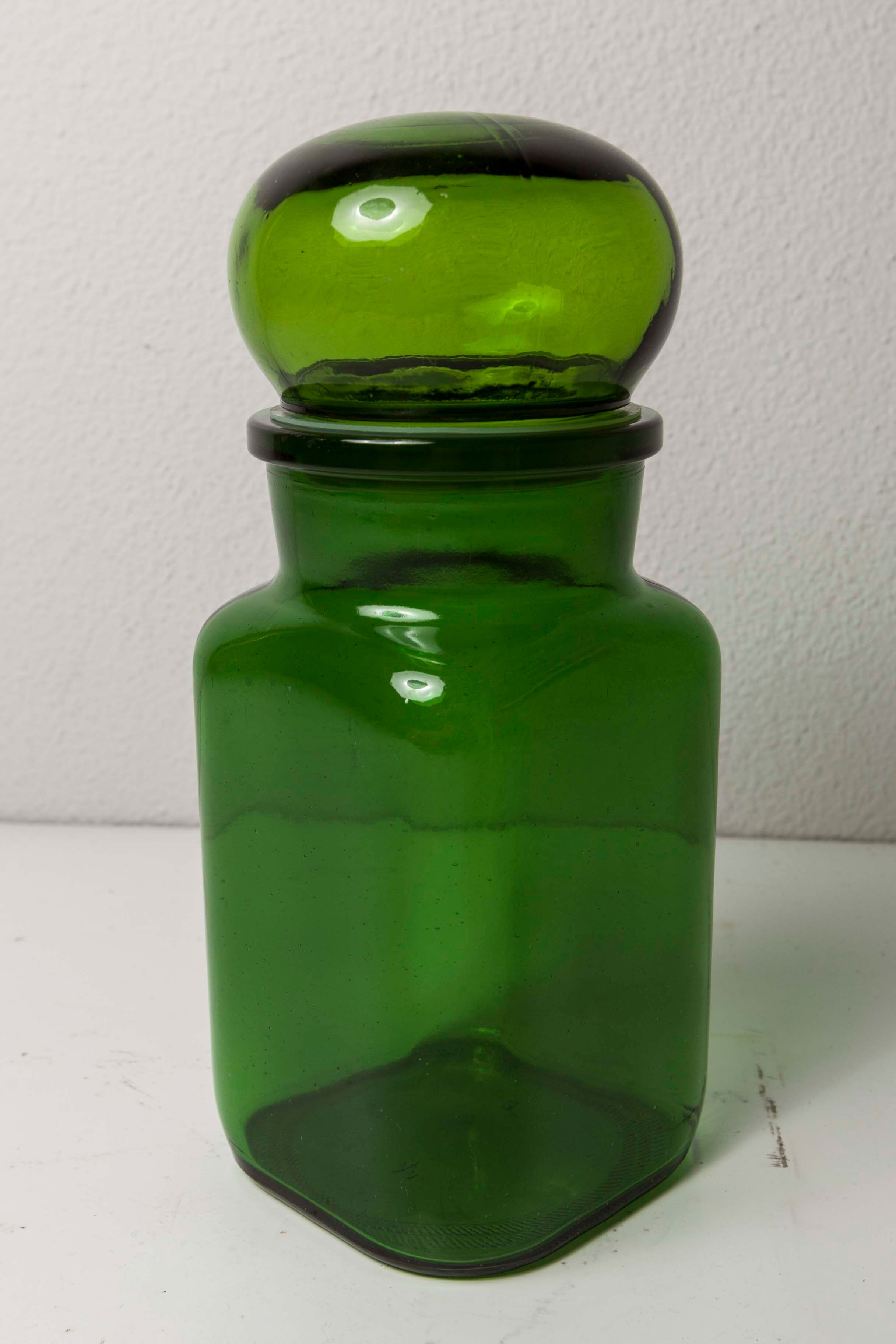 Pot de pharmacie vert en verre 1960