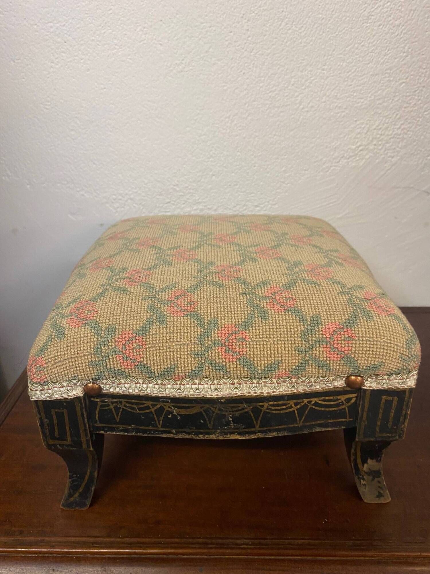 Antique napoleon lll style footrest blackened wood and cross stitch embroidery