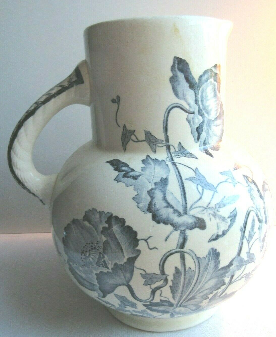 Art Nouveau toilet broc, blue-grey Iris décor, signed Longchamp