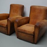 Paire de fauteuils club vintage en cuir cognac français, lot de 2